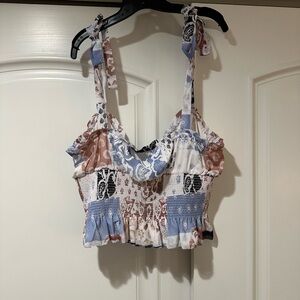 Wilfred Patchwork Smocked Tie-Strap Crop Top in Blue and Brown